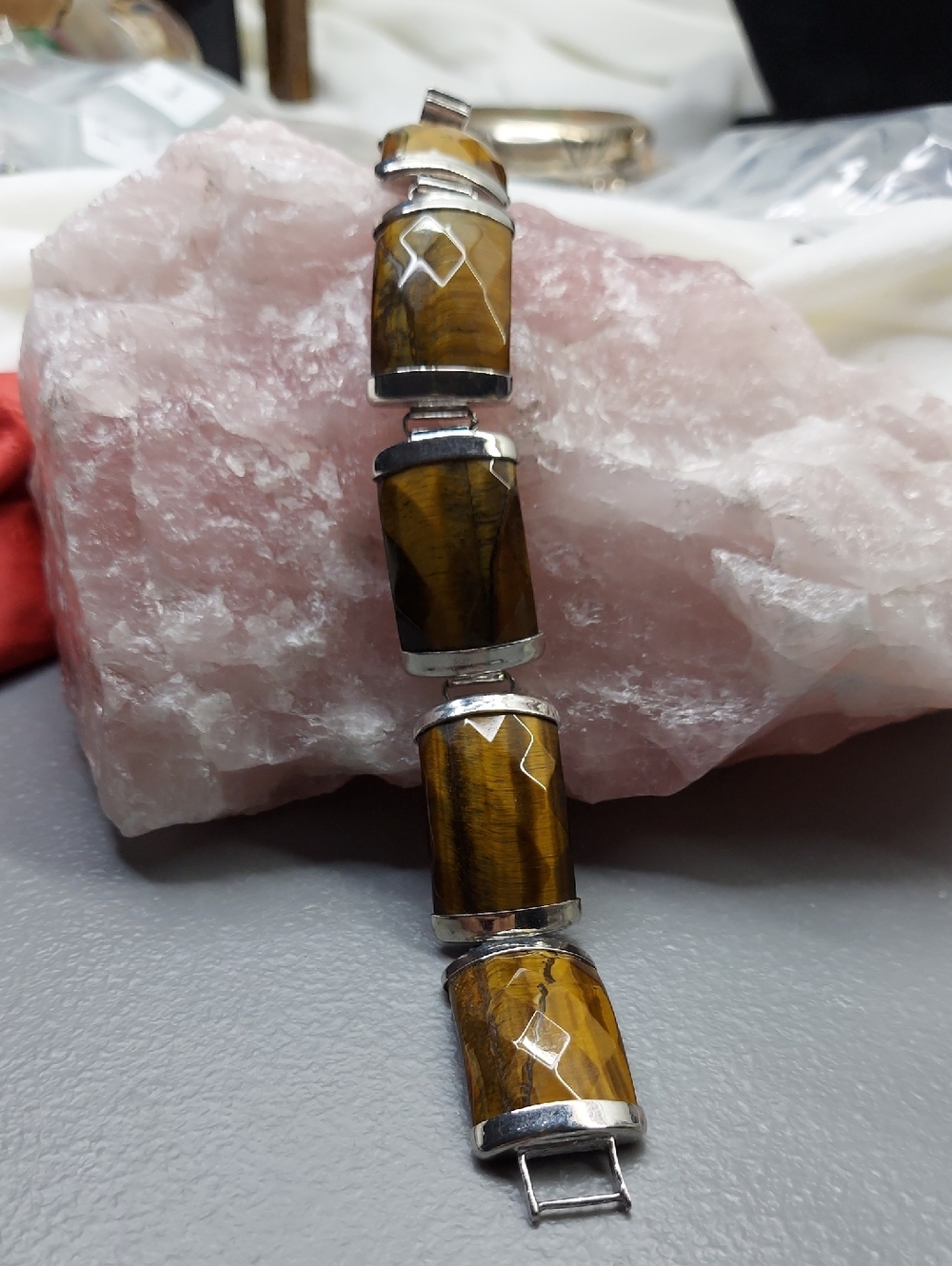 Faceted Tiger Eye Link Bracelet with Silver Accents - Brown